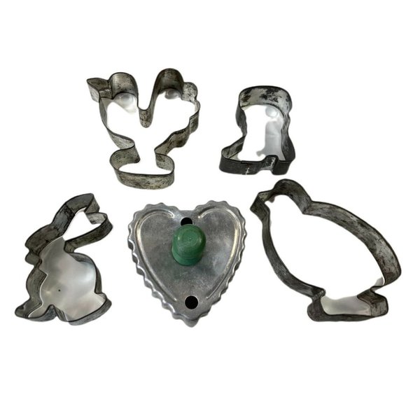 5 Antique Cookie Cutters Turkey Bird Bunny Rabbit Cowboy Boot Metal Tin Vtg Lot - Picture 1 of 6